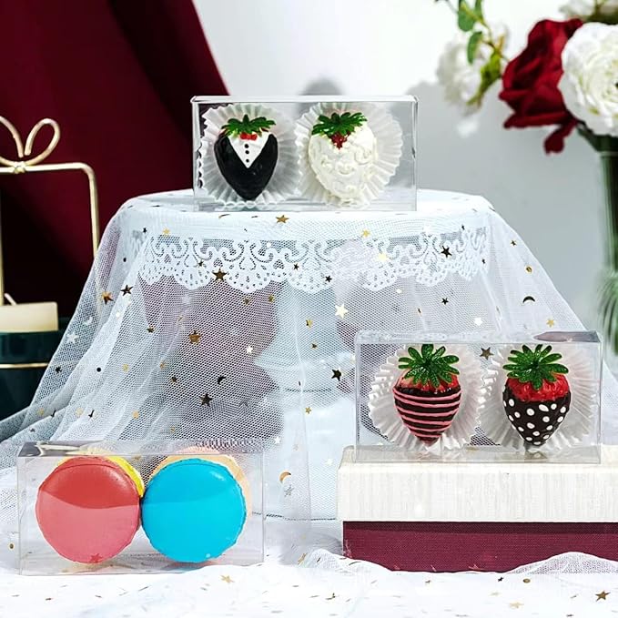 50 Pcs 4.5"x2.2"x2" Clear Chocolate Covered Strawberries Boxes for 2 Mini Cinnamon Roll Boxes for 4 Macaron Boxes for 4 Small Bakery Treat Box for Wedding Birthday Valentine Christmas Party