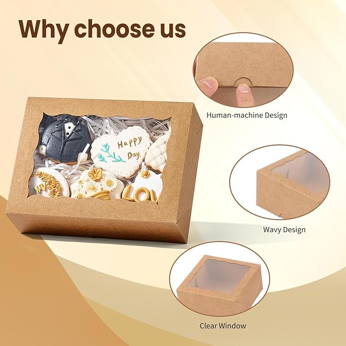 8x6x2.5 Inch 50PCS Baking Boxes with Window for Pastry,Treat,Macaron,Dount,Cookies,Chocolate Covered Strawberries,Brown Bakery Boxes Strawberry Boxes,Muffins