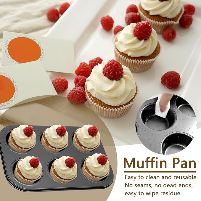2Pcs Non-Stick 6-Cup Muffin Pan for Baking, Carbon Steel Cupcake Baking Tray, Stackable Cupcake Molds, Dishwasher Safe - 10.4 x 7.3 x 1.1 Inches (Black)