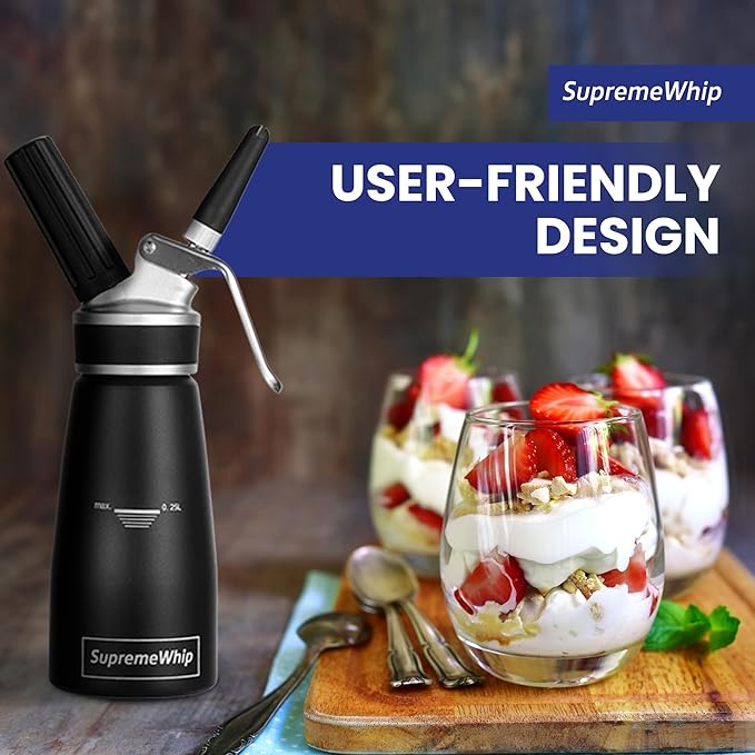 Pro Cream Dispenser, Durable High-Grip, Metal Lid with Rubber, 3 Nozzles, for Hot/Cold Use, Cleaning Brush Included, Black - 250ml/1 Pint