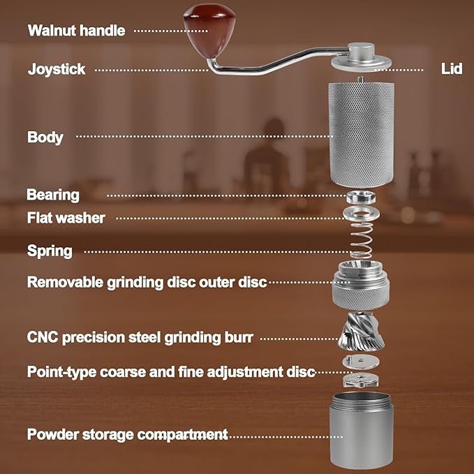 Manual Coffee Grinder Detachable Stainless Steel Conical Burr Aluminum Coffee Bean Grinder with 25 Grinding Settings Cleaning Brush Grindable Espresso Moka Pot French Press for Camping Silver