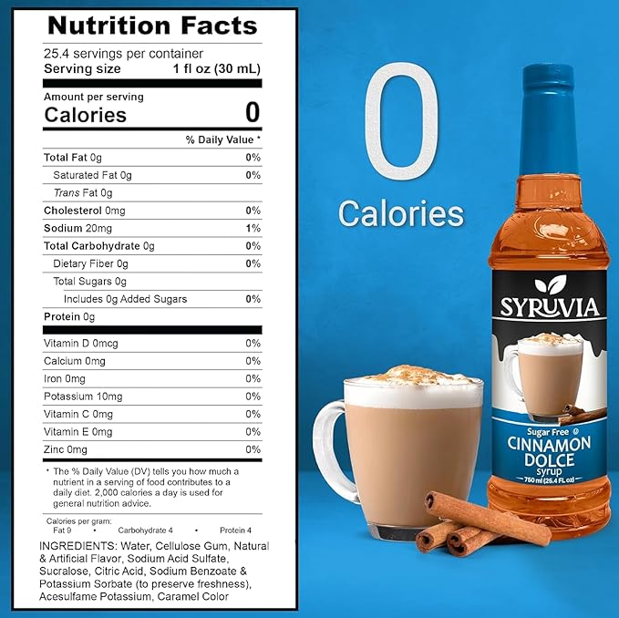 Syruvia Sugar Free Coffee Syrup, Cinnamon Dolce Flavored Syrup for Drinks, Lattes, and Desserts – 25.4 fl oz
