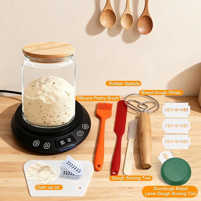 Sourdough Starter Warmer Set – Precise 1°F Thermostat (70-120°F), 24H Timer, Smart Memory Warming On/Off - Fits Jars Up to 40oz, Sourdough Kit for Home Baking (Black)