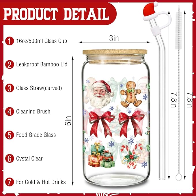 Santa Claus Glass, 16 Oz Winter Iced Coffee Glass with Straw and Lid, Perfect for Christmas and Holiday Celebration Decorations (One)