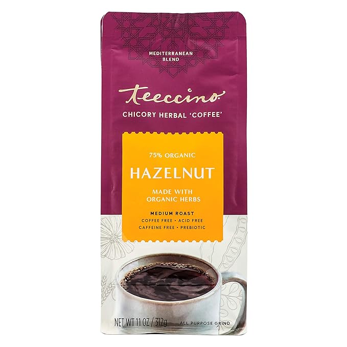 Teeccino Chicory Coffee Alternative - Hazelnut - 11 Ounce - Ground Herbal Coffee That’s Prebiotic, Caffeine Free & Acid Free, Medium Roast