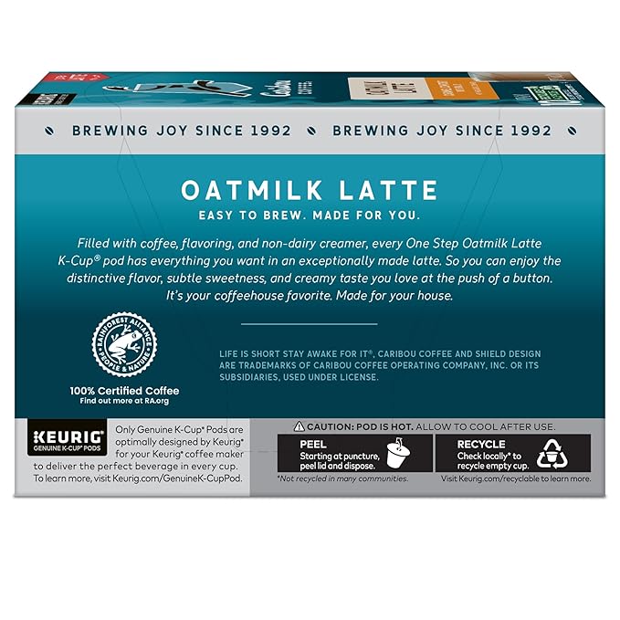 Caribou Coffee Caramel Comfort Oatmilk Latte, One Step Latte Single Serve Keurig K-Cup Pods, 60 Count (6 Packs of 10)