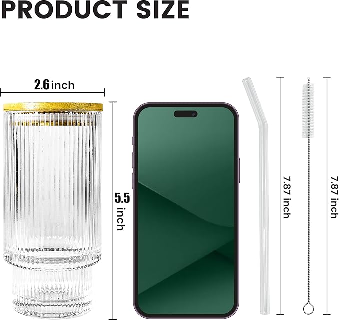 4 Pcs 11oz Drinking Glasses Cups Set with Bamboo Lids Straws Brush Small Embossed Glassware Set for Juice Iced Coffee Cocktail Whiskey(Begonia*4)
