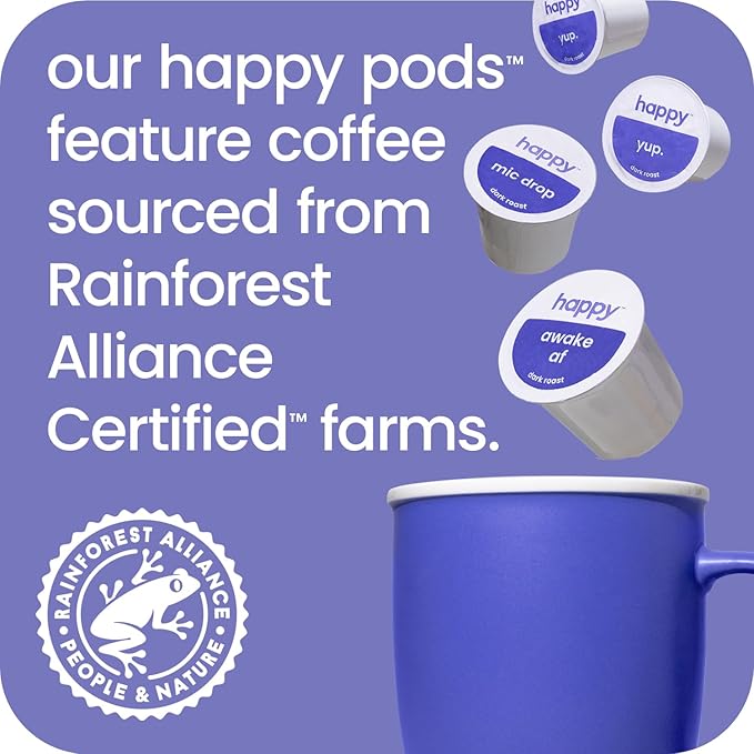 happy coffee dark roast coffee pods, 10 count, notes of cocoa & contentment, compatible with most K-cup brewers, rainforest alliance certified