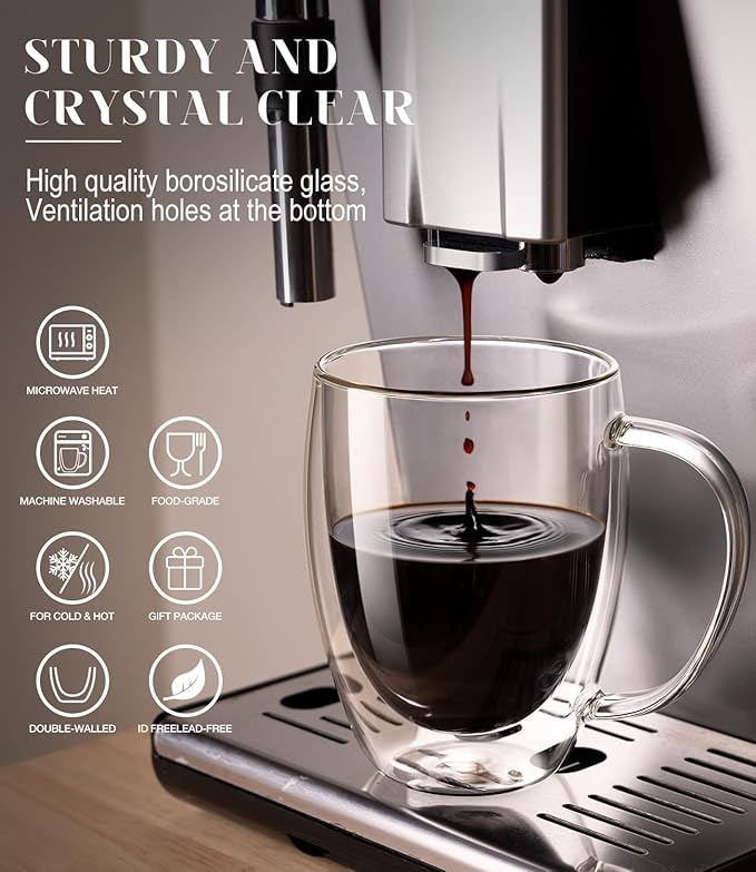 OJA Double Wall Glass Coffee Mugs Set of 2, 13oz Clear Glass Mugs, Insulated Coffee Cups, with coaster, Perfect for Espresso, Latte, Cappuccino, American, Tea Bag, Beverage