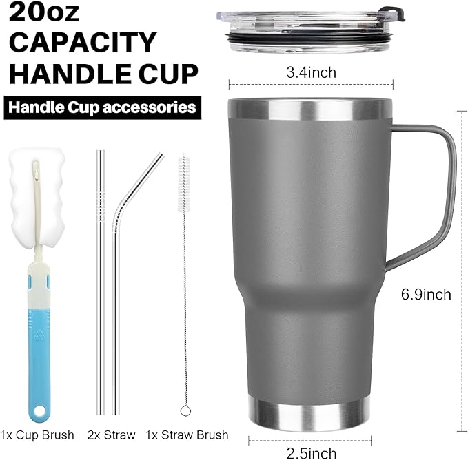 20 oz Tumbler with Handle, Stainless Steel Insulated Tumbler with Lid and Straw, Double Wall Vacuum Coffee Mug Tumbler, Insulated Coffee Thermal Cup for Cold and Hot (Grey, 20 Ounces)