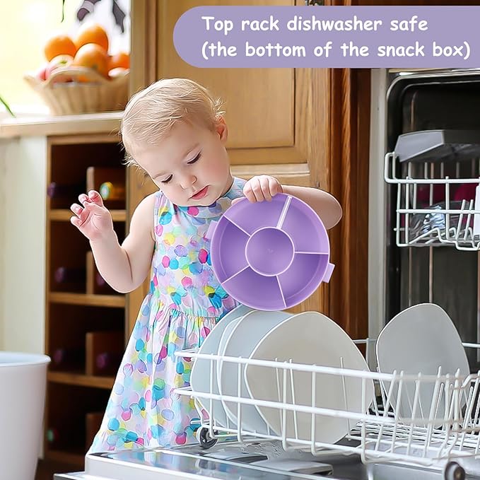 Kids Reusable Rotating Snack Container with 5 Separate Compartments, Color Matching Opening Lid, BPA/PVC-Free, Dishwasher Safe, Perfect for Travel, School Lunches & On-the-Go Snacking-Purple