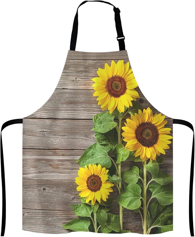 Sunflowers on Wooden Board Apron for Women and Men, Adjustable Kitchen Chef Apron for Cooking Baking - Cute Birthday, Anniversary, Mother's Day Apron Gifts for Mom Wife Girlfriend Aunt Grandma
