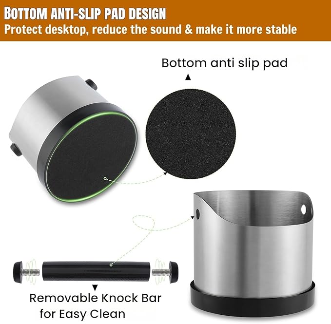 Coffee Grounds Knock Box, Small Stainless Steel Espresso Coffee Knock Box, Coffee Grind Knock Out Box with Removable Knock Bar and Coffee Brush, Coffee Grounds Container with Non-Slip Base