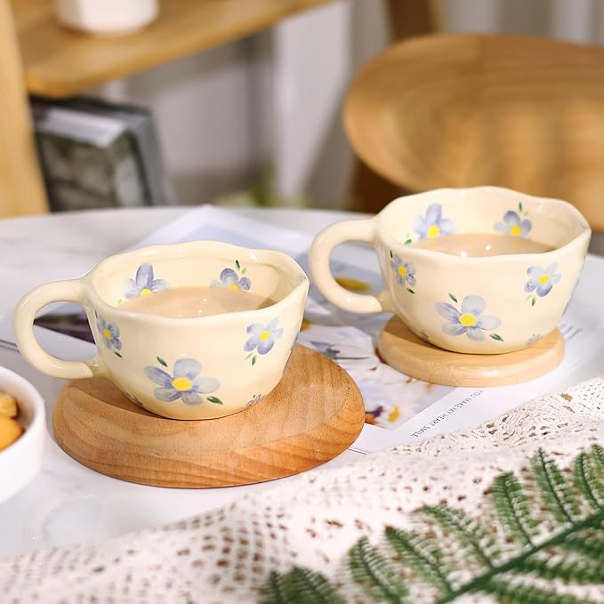 Ceramic Coffee Mug Set of 2 Vintage Flower Mugs 8 oz Cute Floral Coffee Mugs Irregular Latte Art Cup Lead-free Porcelain Cups for Cappuccino, Cocoa (2 Blue Flower)