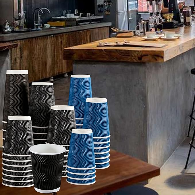 Lamosi Coffee Cups 12 oz - 120 Pack, 12 oz Disposable Paper Coffee Cups Insulated, Corrugated Kraft Ripple Wall Cup for Hot Beverage or Cold Drinks (Navy)
