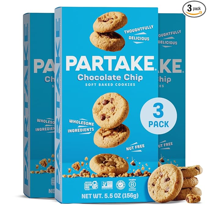 Gluten Free Partake Crunchy Soft Baked Chocolate Chip Cookies - Vegan - Free From the Top 9 Allergens Including Dairy, Wheat, Soy, Eggs, & Peanuts - Non GMO - Safe School & Office Snack (3 Pack, 5.5oz Boxes)