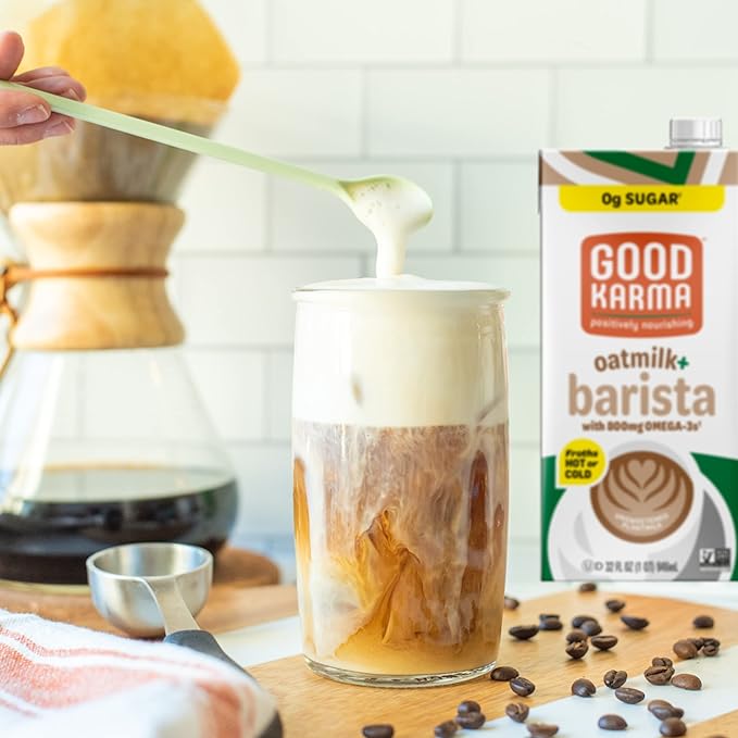 Good Karma Unsweetened Oatmilk + Barista Blend, 32 Ounce (Pack of 3), 800mg Omega -3s, Plant-Based Non-Dairy Milk Creamer Alternative with Oats, Flax and Peas, Lactose Free, Vegan, Shelf Stable
