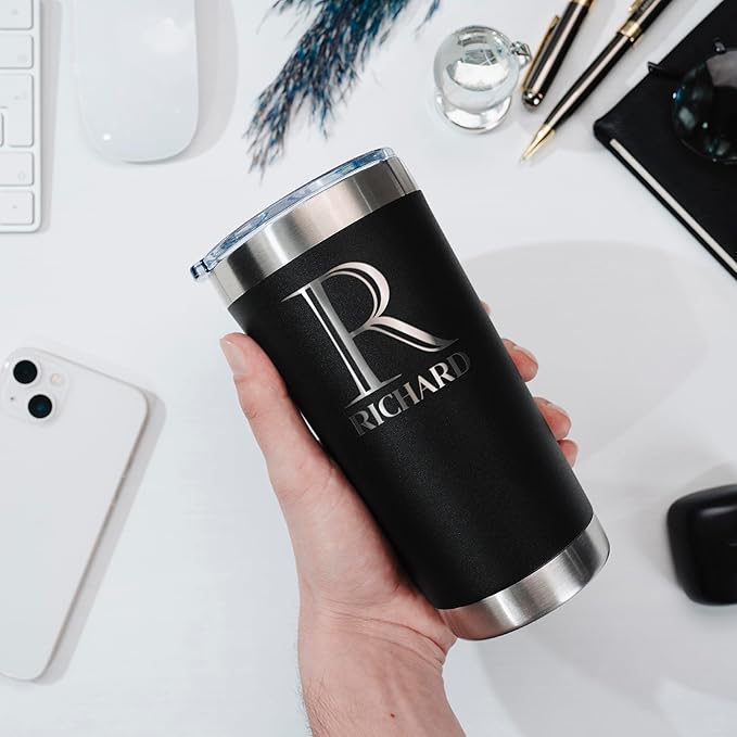 Be Burgundy Personalized Tumbler with Engraved Name - 12 Designs, 30 Oz Coffee Tumbler with Slider Lid, Black - Double Wall Insulated, Personalized Gift for Him & Her