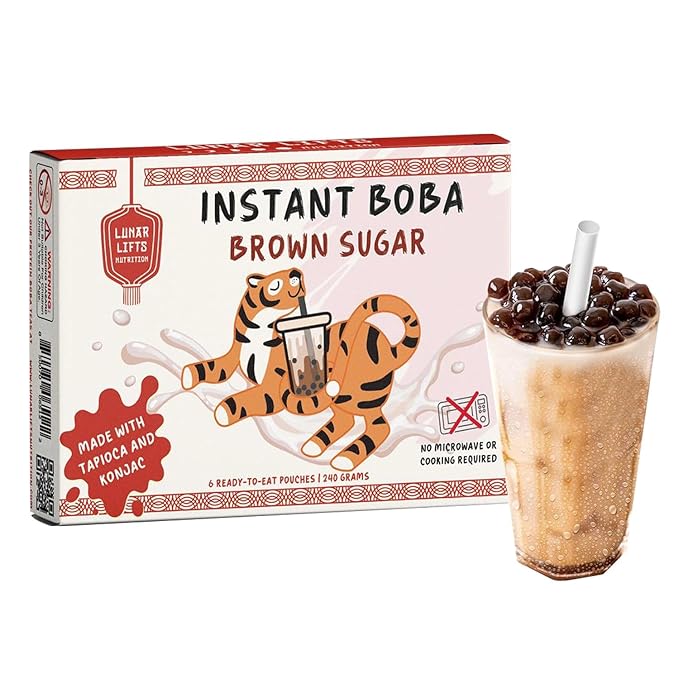 Instant Brown Sugar Boba, 70% Fewer Calories, Made with Konjac and Tapioca, Brown Sugar Boba Pearls for Boba tea, Shakes and Dessert, Plant-Based 6 Ready-to-Eat Pouches (240g)