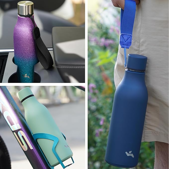 Insulated Water Bottle with Strap,18 oz Double Wall Stainless Steel Vacuum Bottles Metal Water Flask,Sparkling Silver Blue
