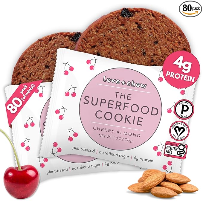Love + Chew Superfood Soft Baked MINI Cookies, Cherry Almond Flavor, Plant Based Cookie Made With Chia Seeds, Almonds & Cherries for Kids and Adults, Vegan Snacks, Gluten Free, Paleo, Non GMO, 80 Pack
