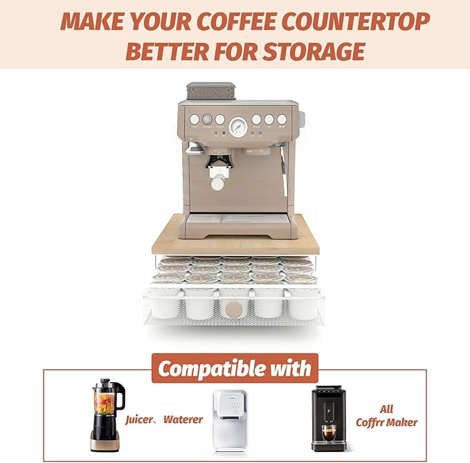 K Cup Organizer, Coffee Pod Holder Drawer, Under Brewer Storage Organizer with Sliding Drawer holds up to 35 K Cup Pods, No Assembly Needed, Natural colour