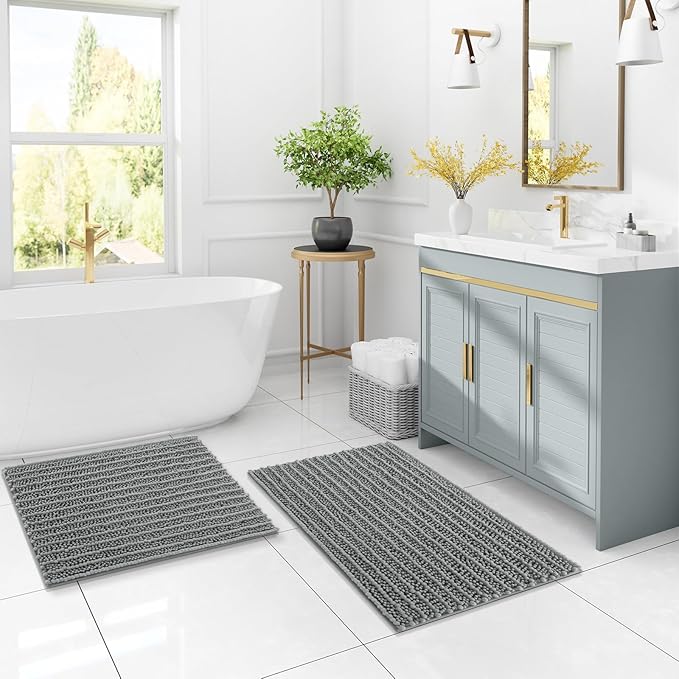 Arotive Luxury Chenille Bathroom Rug Mat, Extra Soft Thick Absorbent Shaggy Bath Rugs, Non-Slip Machine Wash Dry, Plush Bath Mats for Bathroom, Shower and Tub, 47x32, Grey