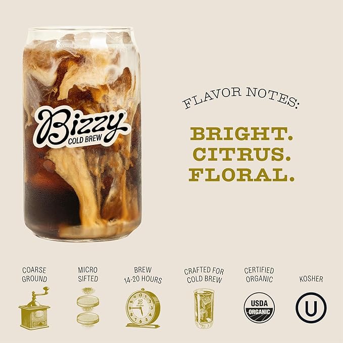 Bizzy Organic Cold Brew Coffee | Light & Bright Blend | Coarse Ground Coffee | Light Roast | Micro Sifted | Specialty Grade | 100% Arabica | Brew Bags | 4 Count | Makes 14 Cups (Pack of 2)