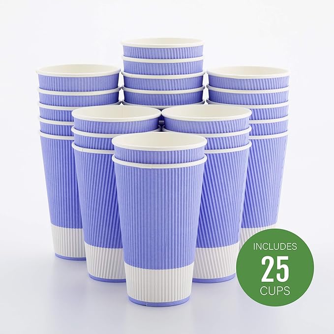 Restaurantware 16 Ounce Paper Cups Pack of 25 Ripple Wall Disposable Cups â€“ Leakproof, Recyclable, Light Purple Insulated Hot Beverage Holders with Matching Lids Available for Purchase Separately