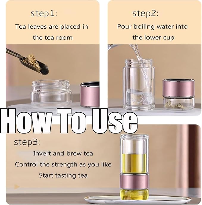 Tryteava Glass Infuser, Tryteava 3-in-1 Smart Tea Infuser, Portable Glass Double Wall Tea Infusers Bottle, with Stainless Steel Filter, Hot & Cold Brew, For Loose Leaf, Office Home (Pink, 280ml)