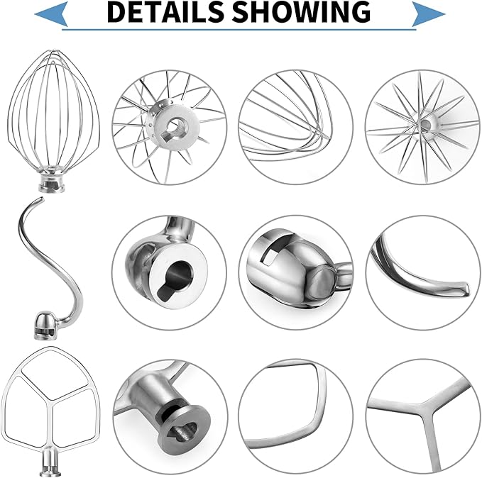Stainless Steel 3 Piece kit Attachments，Dough Hook 6 Wire Whisk Flat BeaterCompatible with KitchenAid 5-6QT Mixer，Bowl Lift Stand Mixer Accessory，Rust Resistant，Dishwasher Safe