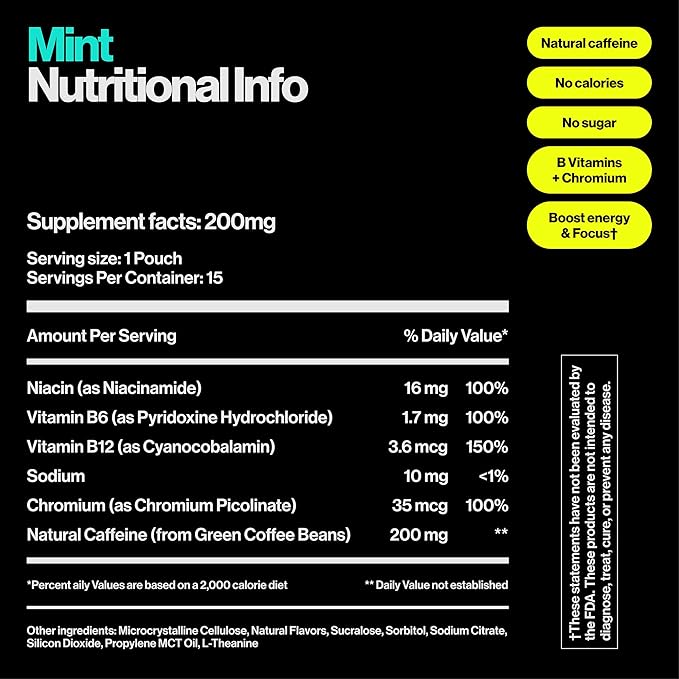 Wip Energy Pouches | 200mg Natural Caffeine | Vitamins and Minerals | Mint | 15 Pouches Per Can | 1 Can