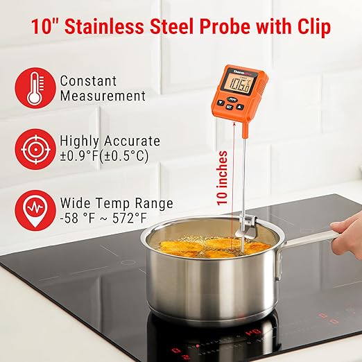 ThermoPro TP511 Digital Candy Thermometer with Pot Clip, Programmable Instant Read Food Meat Thermometer with 10'' Long Probe for Smoker Baking Grilling Candle Liquid Oil Deep Fry Thermometer