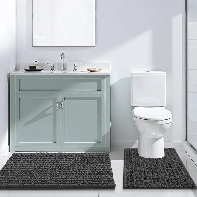 Arotive Luxury Chenille Bathroom Rug Mat, Extra Soft Thick Absorbent Shaggy Bath Rugs, Non-Slip Machine Wash Dry, Plush Bath Mats for Bathroom, Shower and Tub, 44x24, Dark Grey