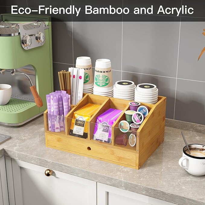 Coffee Station Organizer for Countertop Coffee Condiment Organizer, Office Coffee Station, Small Cute Coffee Bar Organizer – Bamboo & Wooden Storage with Removable Dividers & Drawer