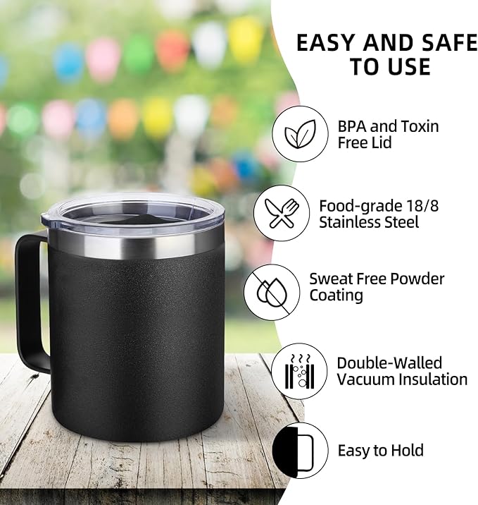 Volhoply 14oz Insulated Stainless Steel Coffee Mug with Lid Bulk 4 Pack,Double Wall Vacuum Travel Coffee Cup with Handle,Reusable Metal Cups Tumbler,Camping Mugs Keep Hot,Ideal Gifts(Black,4)
