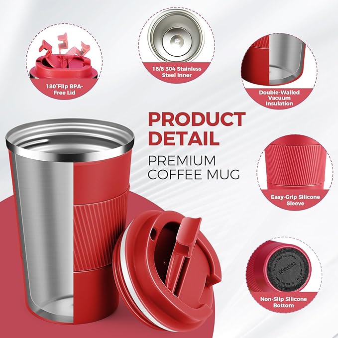 Volhoply 13 oz Stainless Steel Insulated Travel Coffee Mug with Fip Lid Bulk 4 Pack,Reusable Double Wall Vacuum Metal Coffee Cup,Portable Leak Proof Thermal Tumbler for Hot & Cold Drinks(Red,4)