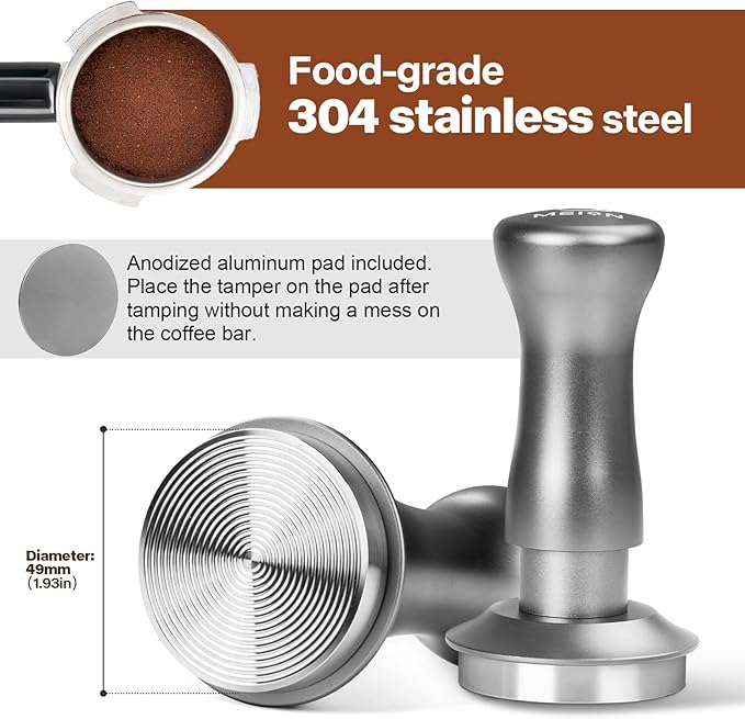 MEION Espresso Tamper 49mm Coffee Tamper, Calibrated Dual Spring Loaded Barista Tamper with Stainless Steel Base, Comes with aluminum storage pad (49MM, Silver)