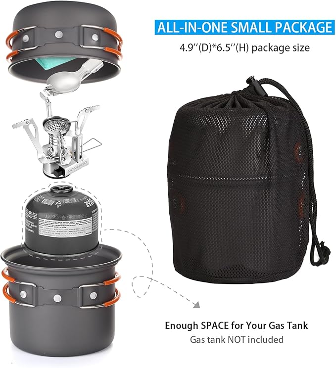 Odoland 6pcs Camping Cookware Mess Kit with Lightweight Pot, Stove, Spork and Carry Mesh Bag, Great for Backpacking Outdoor Camping Hiking and Picnic