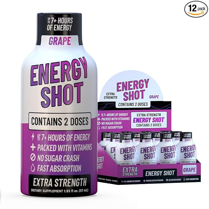 Grape Extra Strength Energy Shot 12 pk – 260mg Natural Caffeine B12 B6 – Energy & Focus Support – 2 Servings Sugar Free Zero Calorie Green Tea B-Vitamins Electrolytes Vegan – 1.93 fl oz