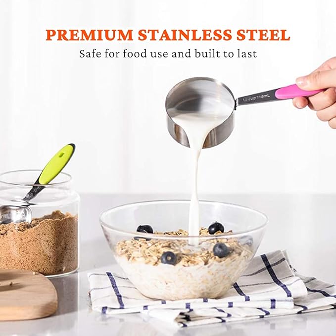 Stainless Steel Measuring Cups and Spoons Set of 16, 5 Measuring Cups with Colored Silicone Handles, 6 Nesting Spoons, 5 Mini Spoons, Kitchen Gadgets for Cooking & Baking, Dry and Liquid Ingredients