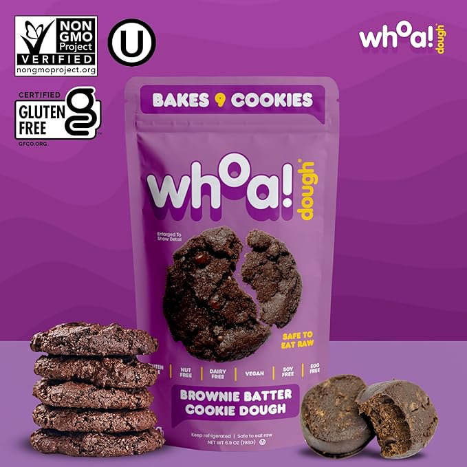 Whoa Dough Ready to Bake Cookie Dough Brownie Batter – Certified Non-GMO, Kosher, Gluten Free – Plant-Based Snack Dough Made with Real Ingredients – 6 Pack