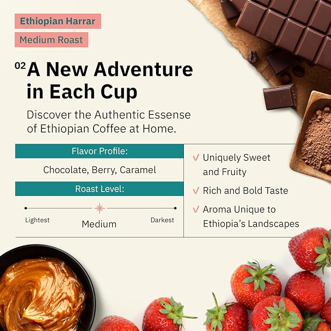 Organic Ethiopian Whole Bean Specialty Coffee Medium Roast - 12 oz, Single Origin Ethiopian Harrar Beans, Fair Trade, Chocolate & Fruity Notes - Roasted To Order
