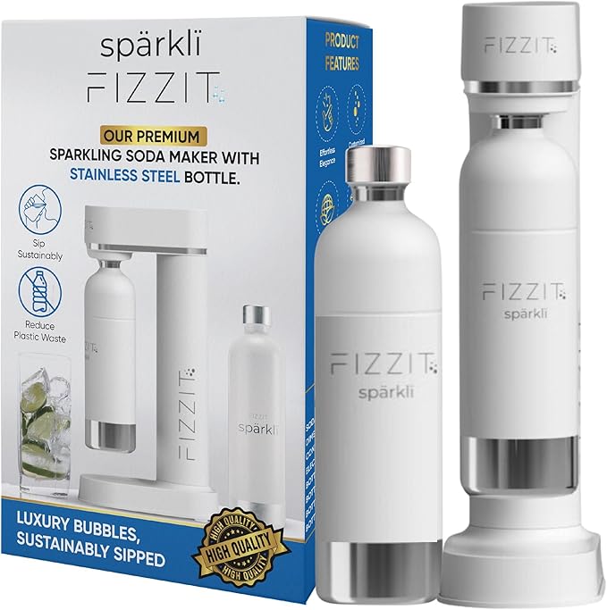 White Stainless Steel Sparkling Water Maker with 2 CO2 Cylinders & 1L Reusable Stainless Steel Bottle For Soda Makers