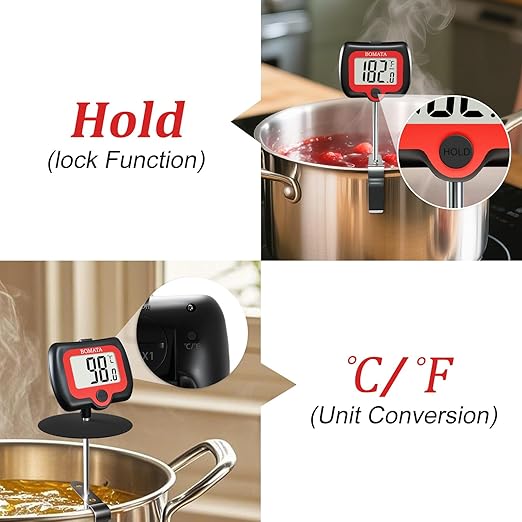 BOMATA Candy Thermometer with Pot Clip, Instant Read Cooking Thermometer with 8" Long Probe, Rotating Display, for Candy Making, Food, Candle Making, Liquids, Water, Baking, Sugar, Grilling. Black