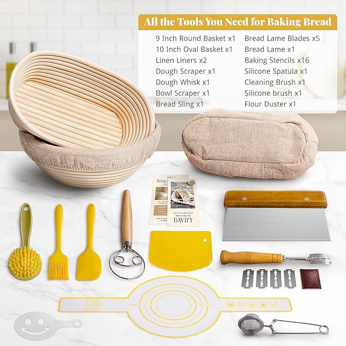 Banneton Bread Proofing Basket Sourdough Bread Baking Supplies, Sourdough Starter Kit with 9" Round & 10" Oval Banneton Baskets, Bread Lame, Sling, Spatula, Scraper, Dough Whisk