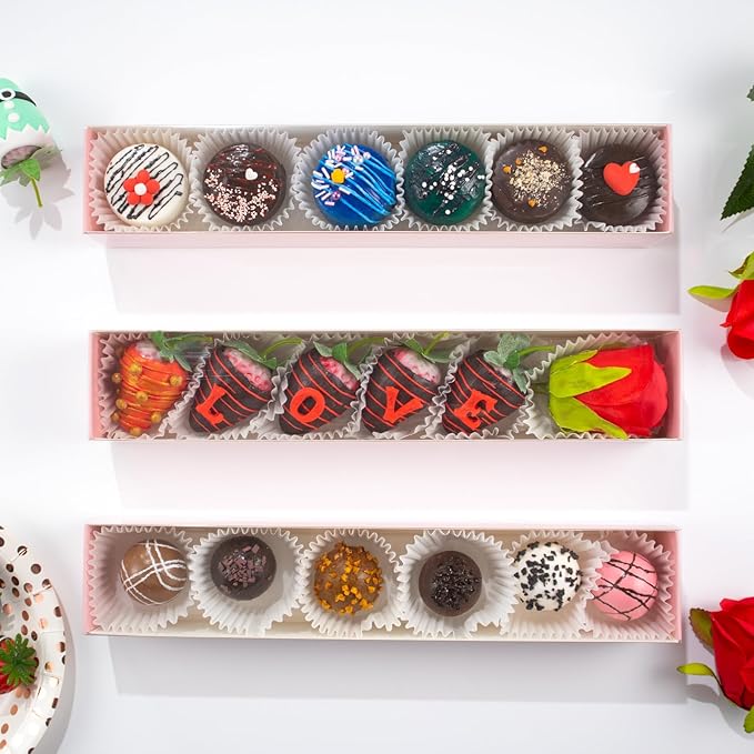 50Pack Strawberry Boxes - 12x2.2x2 Inch with Clear Window for Macaron, Chocolate Truffle, Cookie & Bakery Boxes