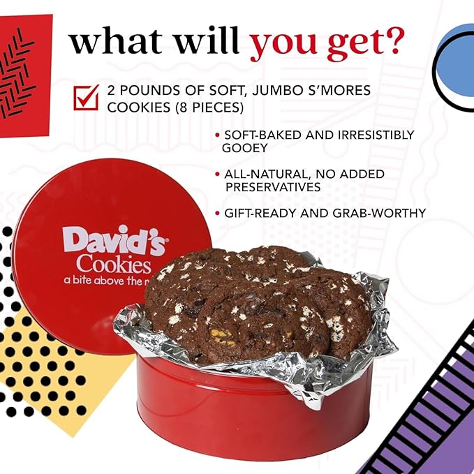 David's Cookies Fresh Baked Decadent Jumbo Smores Cookies Gift Basket Tin - Flavorful Gourmet Cookies - Ideal Food Gift for Corporate, Birthday, Fathers and Mothers Day, Get Well and Other Special Occasions - 2 lb (8 pcs)