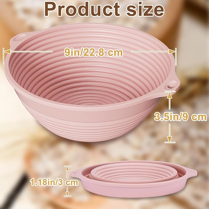 Upgraded Silicone Sourdough Bread Proofing Basket with Handles - Reinforced Rim Support, 9 Inch Non-Stick Round Dough Foldable Bowls for Sourdough Bread Baking, Oven & Dishwasher Safe-BPA Free (Pink)