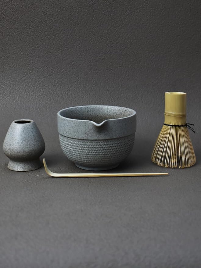 Artcome Minimalist Matcha Tea Set – 4-Piece Japanese Matcha Kit with Matte Speckled Ceramic Bowl & Spout, Bamboo Whisk, Holder, Scoop & Manual – Zen-Inspired Wabi-Sabi Tea Ceremony Gift Set